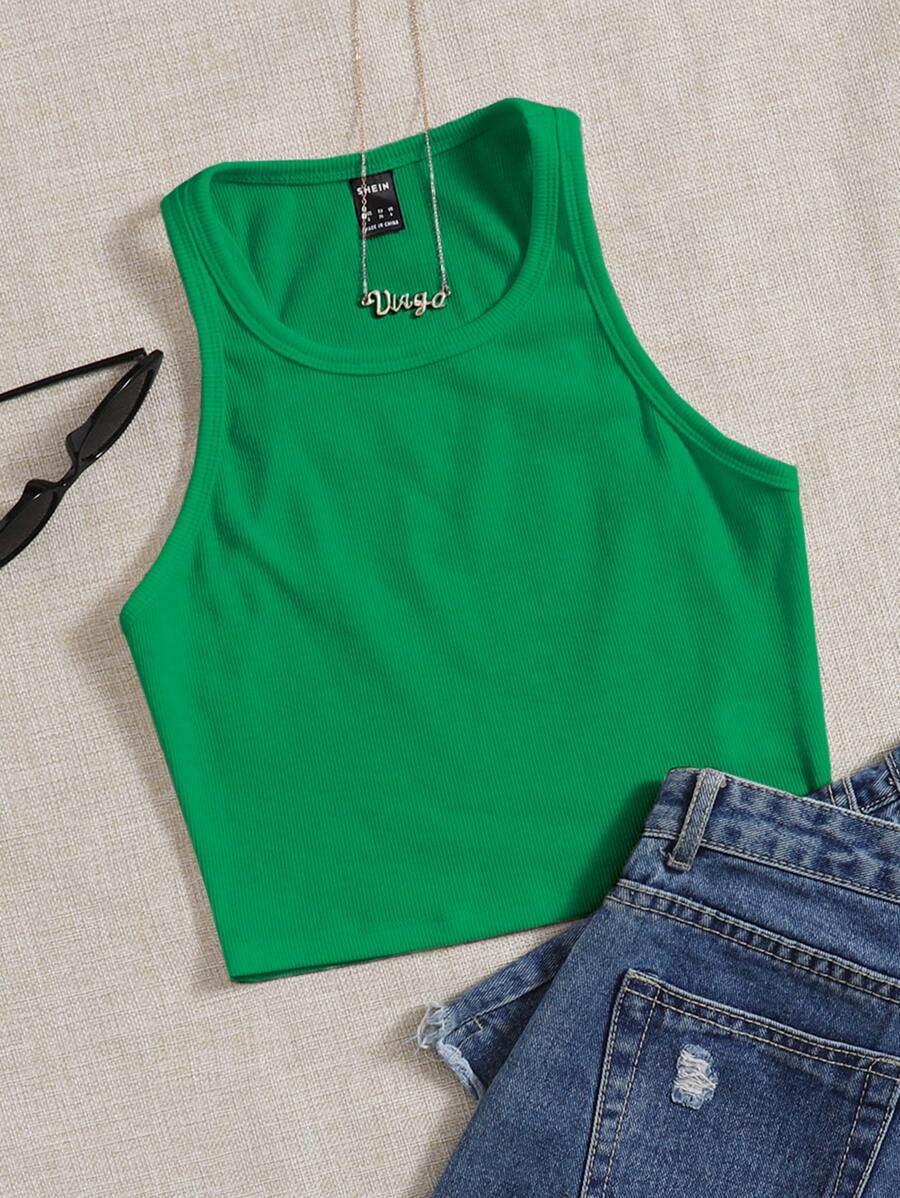SHEIN EZwear Top tank unicolor tejido de canalé - Verde - Ver 1