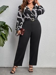 SHEIN Clasi Plus Graphic Print Lantern Sleeve Jumpsuit Without Belt - Multicolor - View 1