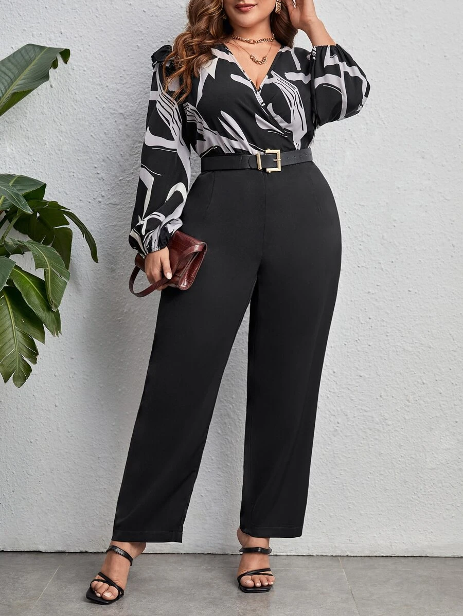 SHEIN Clasi Plus Graphic Print Lantern Sleeve Jumpsuit Without Belt - Multicolor - View 1