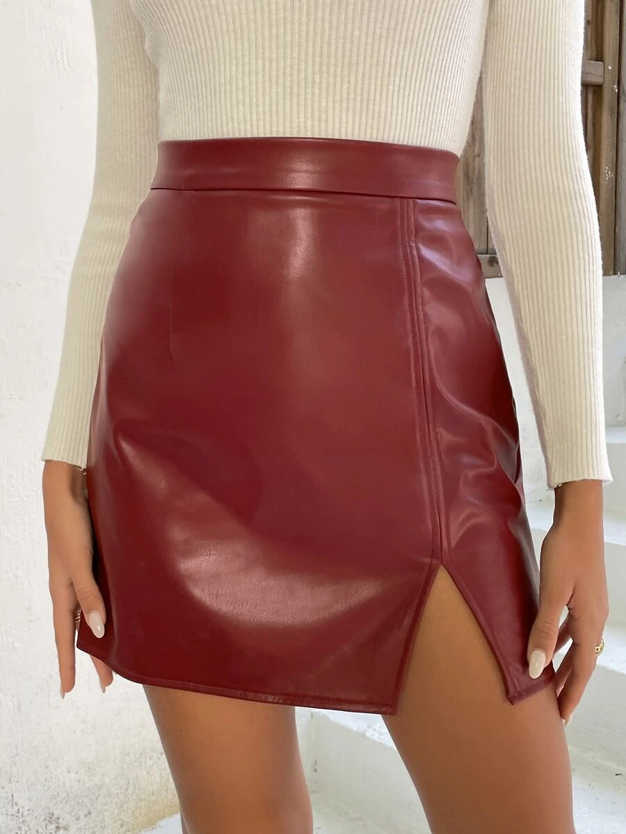 SHEIN Privé Split Hem PU Skirt - Maroon - View 1