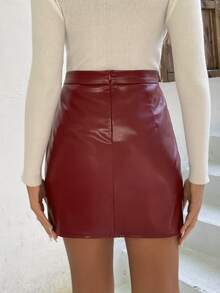 SHEIN Privé Split Hem PU Skirt - Maroon - View 2