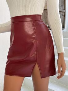 SHEIN Privé Split Hem PU Skirt - Maroon - View 3