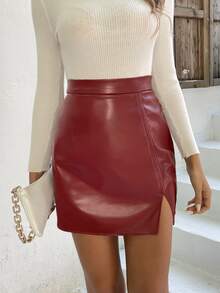 SHEIN Privé Split Hem PU Skirt - Maroon - View 5