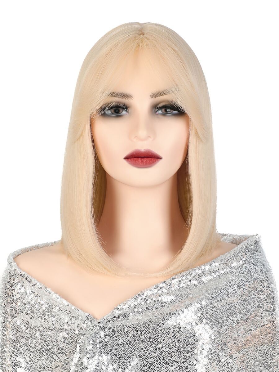 12 英寸女士合成耐热纤维假发，短直发，带刘海，适合日常佩戴 - 金色 - 查看 1