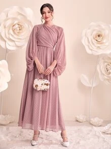 Modelyn 圓點褶邊燈籠袖雪紡洋裝 - 藕粉色 - 查看 1