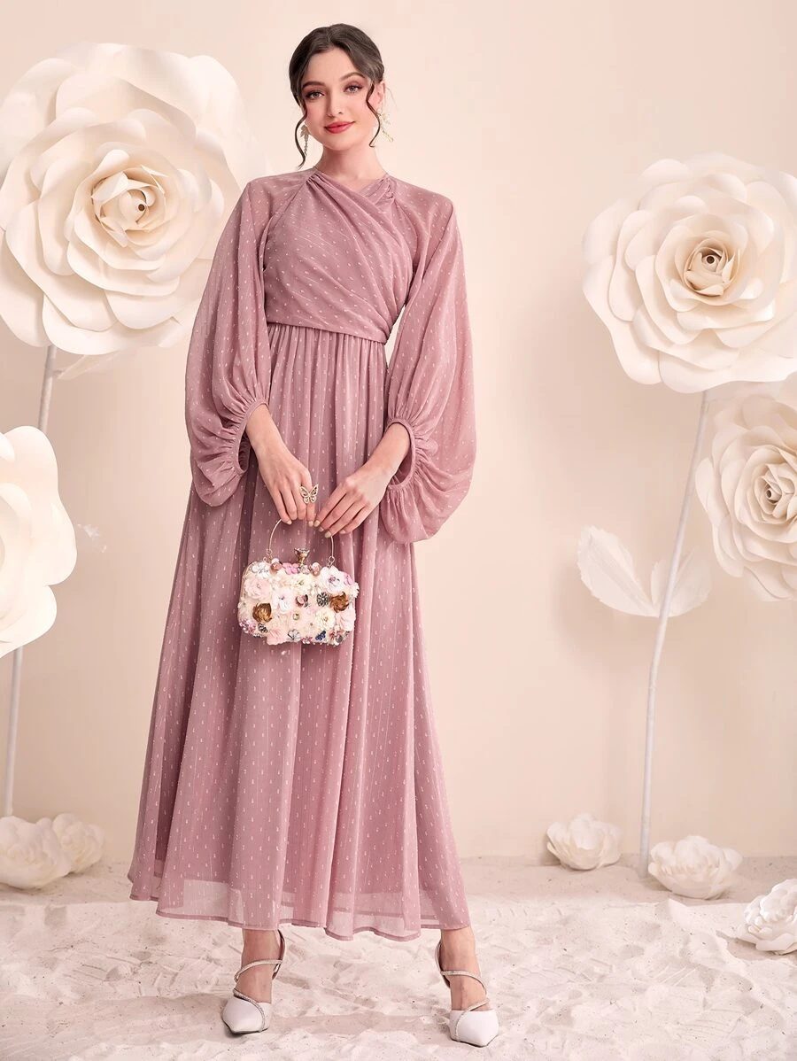 Modelyn 圓點褶邊燈籠袖雪紡洋裝 - 藕粉色 - 查看 1