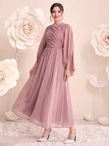 Modelyn 圓點褶邊燈籠袖雪紡洋裝 - 藕粉色 - 查看 3