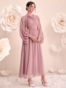 Modelyn 圓點褶邊燈籠袖雪紡洋裝 - 藕粉色 - 查看 5