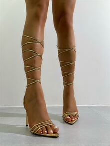 Metallic Snakeskin Embossed Tie Leg Design Stiletto Heeled Strappy Sandals - Gold - View 4