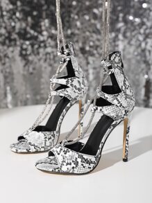 Snakeskin Embossed Tie Leg Design Strappy Sandals - Black and White - View 4