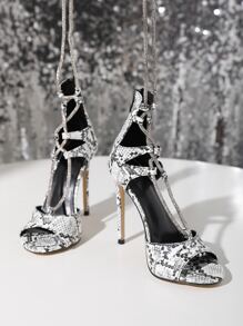 Snakeskin Embossed Tie Leg Design Strappy Sandals - Black and White - View 6