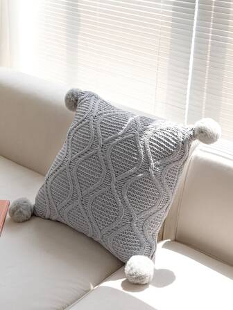 1 Pieza Funda De Cojín A Cuadros Gris Con Decoración De Pompones