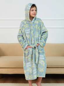 Boys Game Console & Letter Graphic Dual Pocket Belted Hooded Flannel Robe - Mint Green - View 3