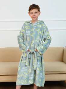Boys Game Console & Letter Graphic Dual Pocket Belted Hooded Flannel Robe - Mint Green - View 4