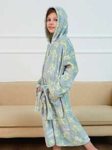 Boys Game Console & Letter Graphic Dual Pocket Belted Hooded Flannel Robe - Mint Green - View 5