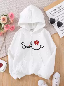 Tween Girl Letter & Floral Embroidery Sweatshirt - White - View 1