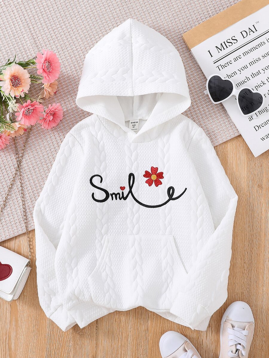 Tween Girl Letter & Floral Embroidery Sweatshirt - White - View 1