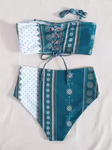 Swim Vcay Summer Beach Lace-Up Back Bandeau Bikini Set