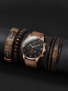 1 件男士三表盘日期石英表和 3 件手链，作为返校学生的礼物 - 棕色 - 查看 2