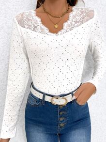 SHEIN Frenchy Áo thun nữ Tương phản ren Tranh thêu màu trơn Thanh lịch - trắng - Xem 3