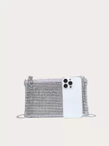 Ladies' Crossbody Square Bag With Sequins And Faux Diamonds, Metal Chain, Lightweight And Stylish, Suitable For Going Out.