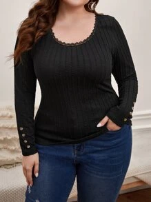 SHEIN Clasi 大碼紐扣細節蕾絲邊T恤 - 黑色 - 查看 5