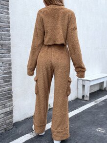 SHEIN Unity Drop Shoulder Crop Teddy Jacket & Trousers - Brown - View 4