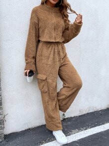 SHEIN Unity Drop Shoulder Crop Teddy Jacket & Trousers - Brown - View 5