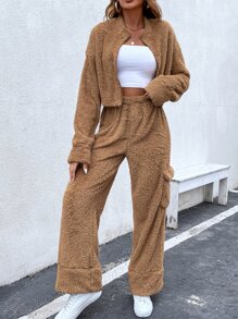 SHEIN Unity Drop Shoulder Crop Teddy Jacket & Trousers - Brown - View 1