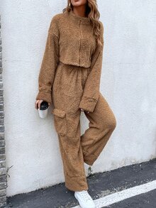 SHEIN Unity Drop Shoulder Crop Teddy Jacket & Trousers - Brown - View 6