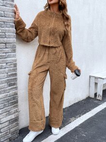 SHEIN Unity Drop Shoulder Crop Teddy Jacket & Trousers - Brown - View 2