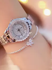1 件/套时尚独特女士水钻钢带手表 + 蝴蝶手链套装，适合日常佩戴、生日、女士礼物、周年纪念、年终促销、单身节、万圣节促销，无礼盒 - 銀色 - 查看 1