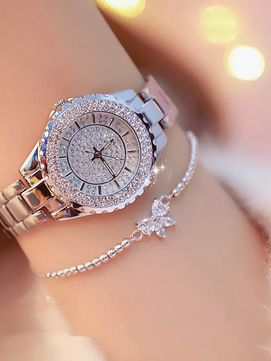 1 件/套时尚独特女士水钻钢带手表 + 蝴蝶手链套装，适合日常佩戴、生日、女士礼物、周年纪念、年终促销、单身节、万圣节促销，无礼盒 - 銀色 - 查看 1