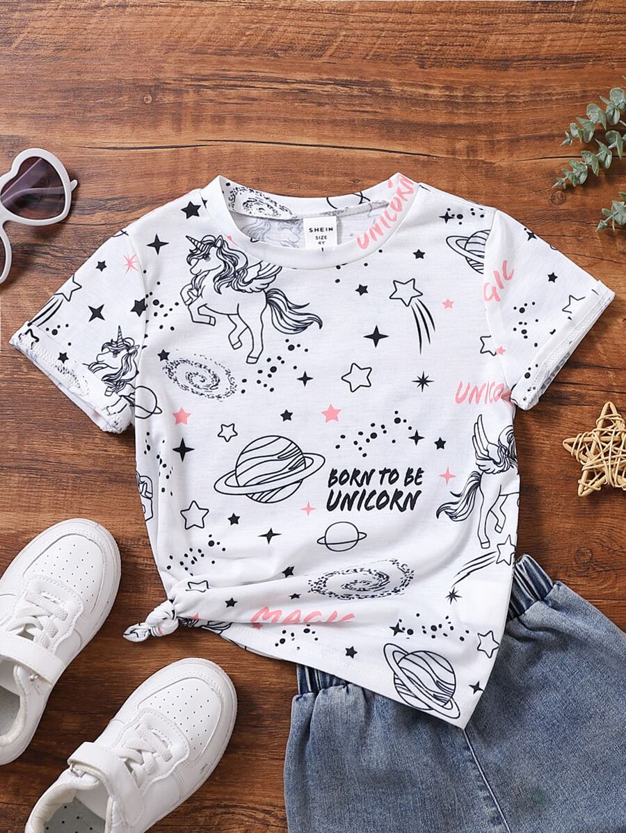 Toddler Girls Cartoon & Letter Graphic Tee - White - View 1