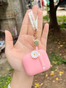 1pc Chrysanthemum Flower Keychain Earphone Case Suitable For AirPods 4 Pro 2, Pro 3, 2 & 1, Soft Silicone Integrated Design - Pink - View 2