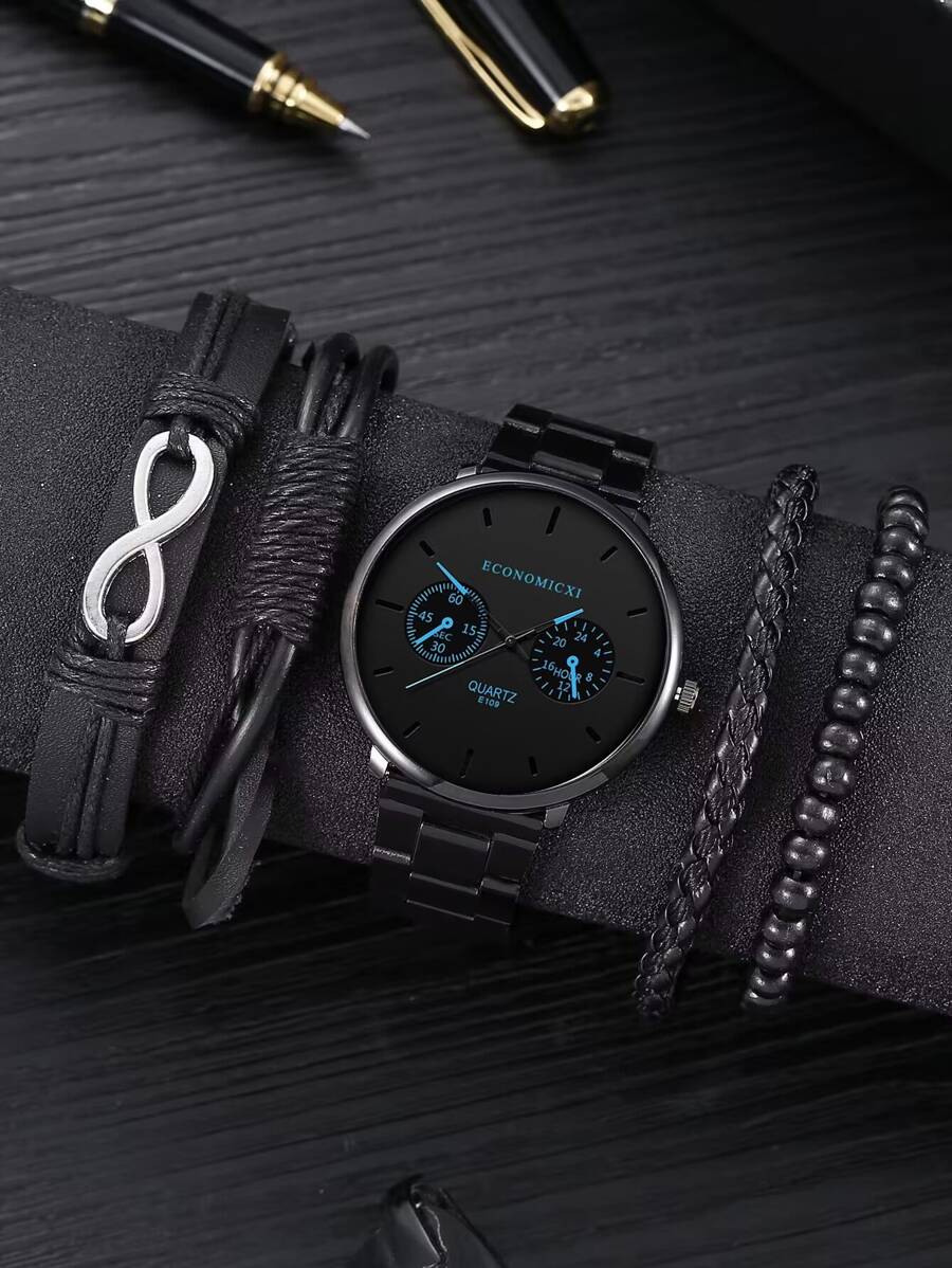 1pc Men Round Pointer Quartz Watch & 4pcs Bracelet - Black - View 1