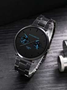 1pc Men Round Pointer Quartz Watch & 4pcs Bracelet - Black - View 2