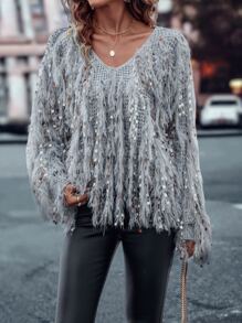 EMERY ROSE V-neck Fluffy Knit Jumper - Grey - View 6