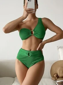 Asymmetrical Neck O-Ring Top & High Waist Bottom Bikini Set, For Summer Beach Vacation - Green - View 1