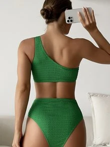 Asymmetrical Neck O-Ring Top & High Waist Bottom Bikini Set, For Summer Beach Vacation - Green - View 2