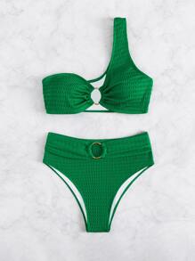 Asymmetrical Neck O-Ring Top & High Waist Bottom Bikini Set, For Summer Beach Vacation - Green - View 3