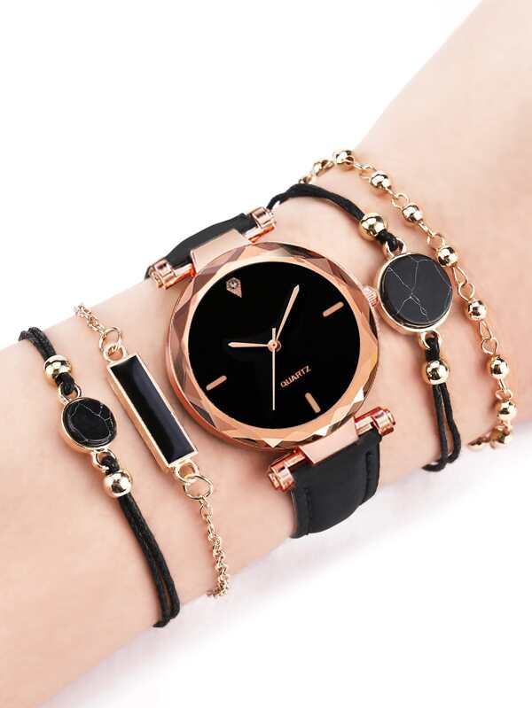 1pc Round Pointer Quartz Watch & 4pcs Bracelet SHEIN USA