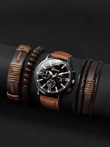 1pc Đàn ông Tối giản Tròn Tròn Đồng hồ thạch anh & Vòng tay 3 chiếc - màu nâu - Xem 2