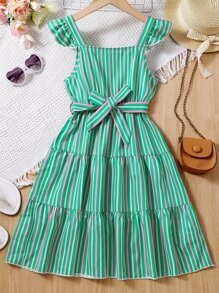 Chicas Vestido con cinturón de rayas ribete con fruncido - Verde - Ver 1