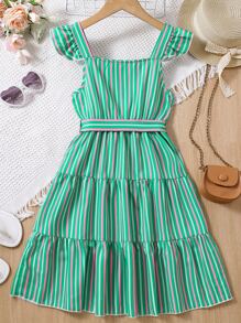 Chicas Vestido con cinturón de rayas ribete con fruncido - Verde - Ver 2