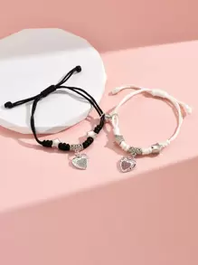 2pcs Couple Rhinestone & Star Decor Heart Charm Bracelet - Multicolor - View 2