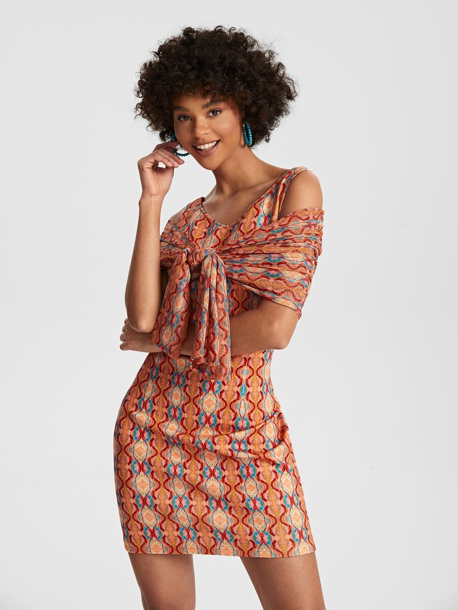 Shevon Patel Allover Print Tie Front Bodycon Dress - Multicolor - View 1