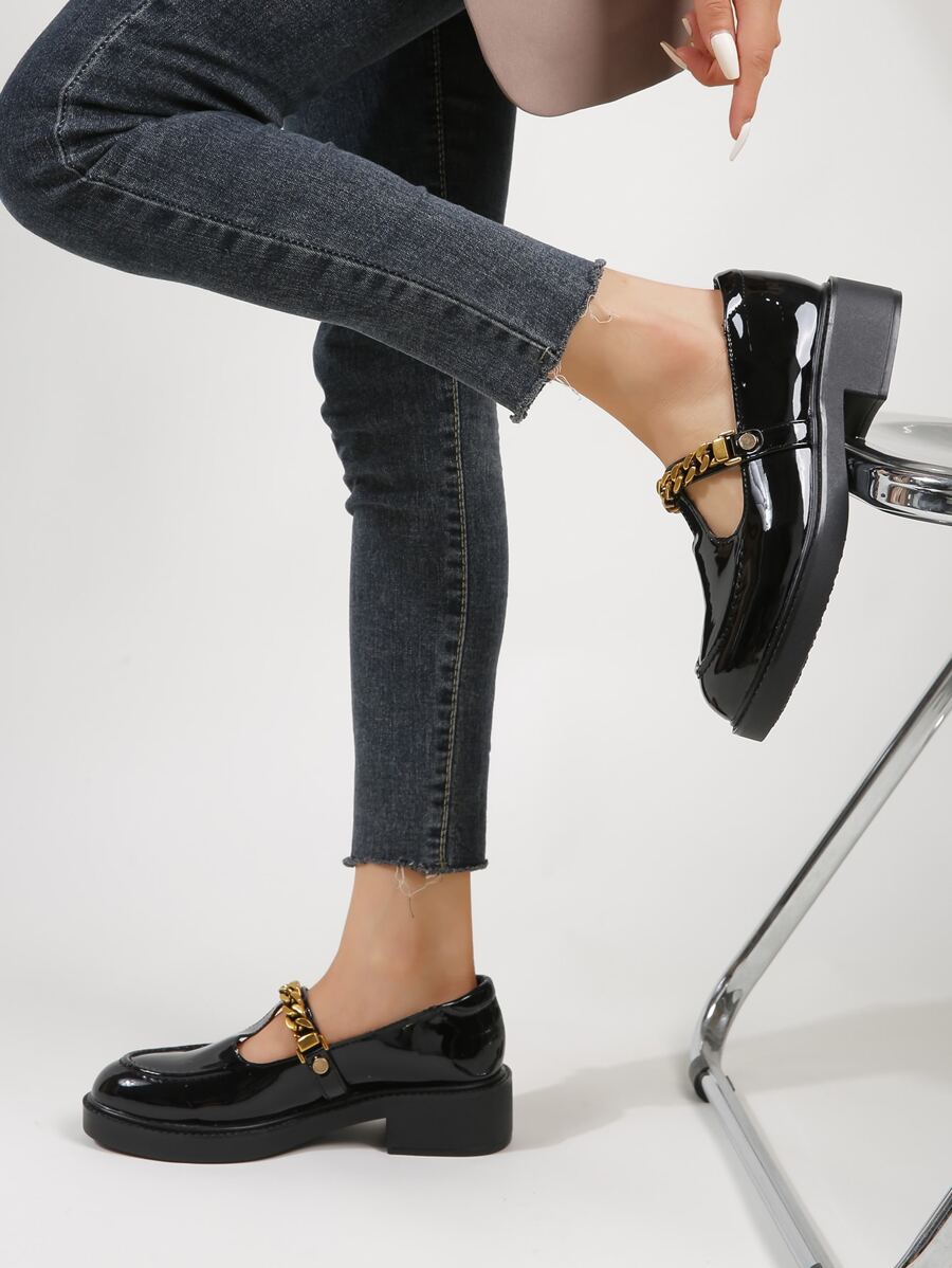 Chain Decor Mary Jane Flats - Black - View 1