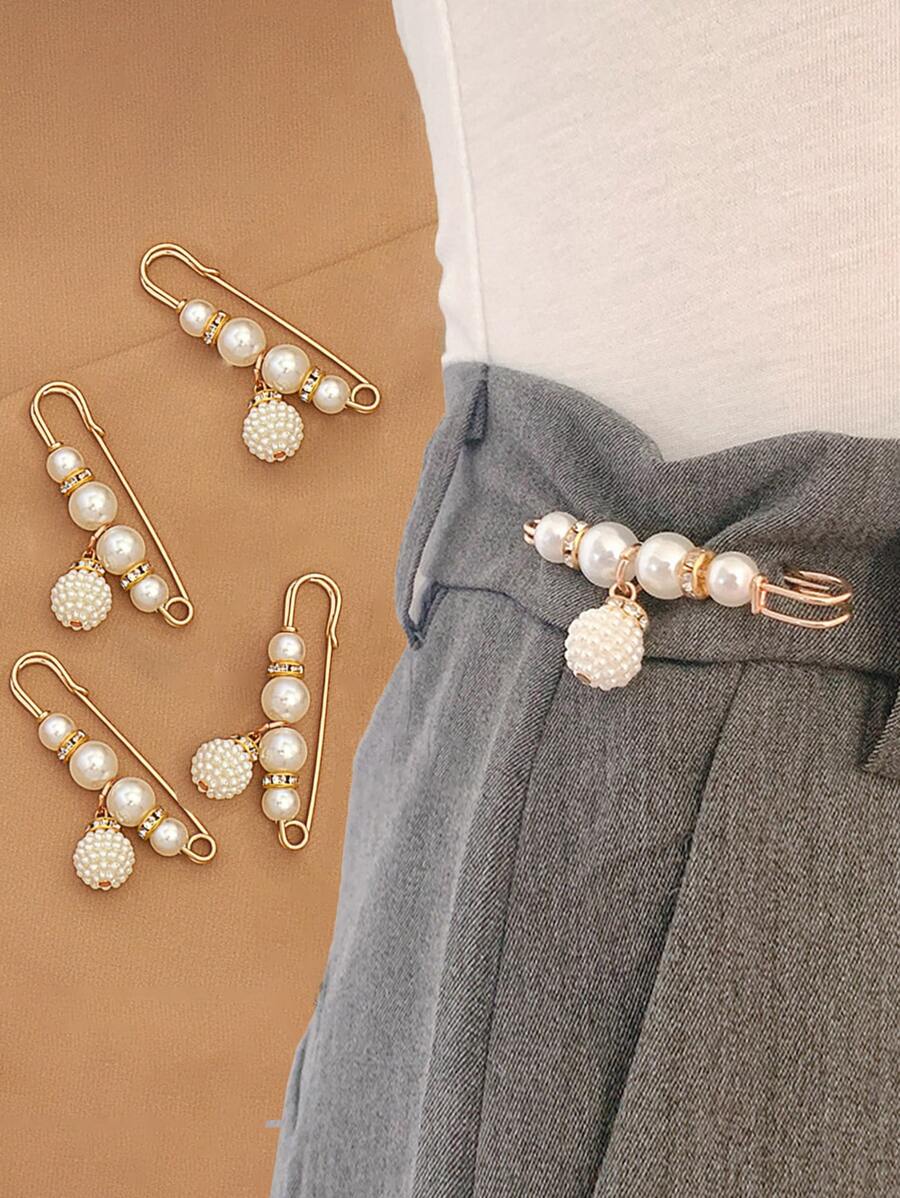 4入組水鑽和人造珍珠裝飾胸針別針可愛金屬腰部收緊器優雅搭扣服裝配飾
