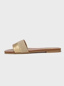 Champagne Flat Sandals, Women Fashion Woven Flat Sandals Elegant Comfortable Slip-On Slippers, Plus Size Ladies Summer Shoes - Champagne - View 4